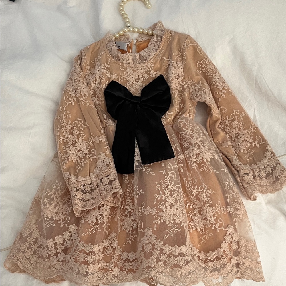 Girls Lace Dress with Black Bow